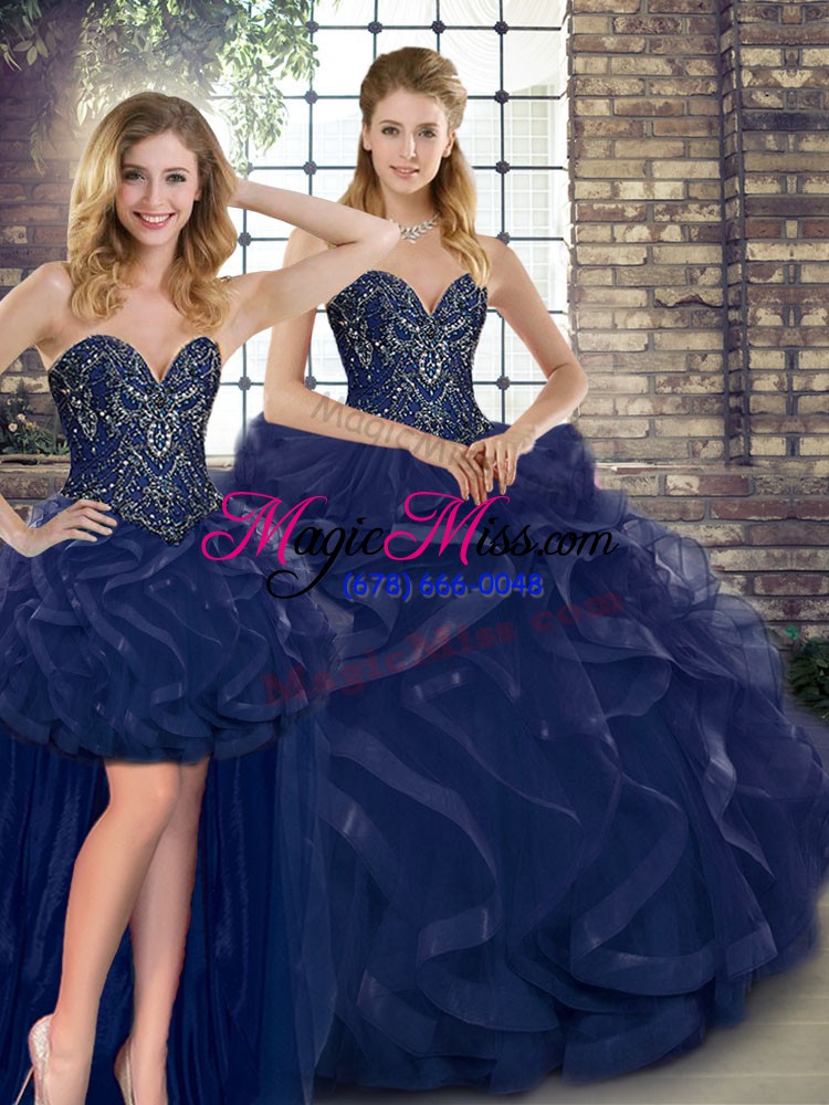 wholesale sweetheart sleeveless quince ball gowns floor length beading and ruffles navy blue tulle
