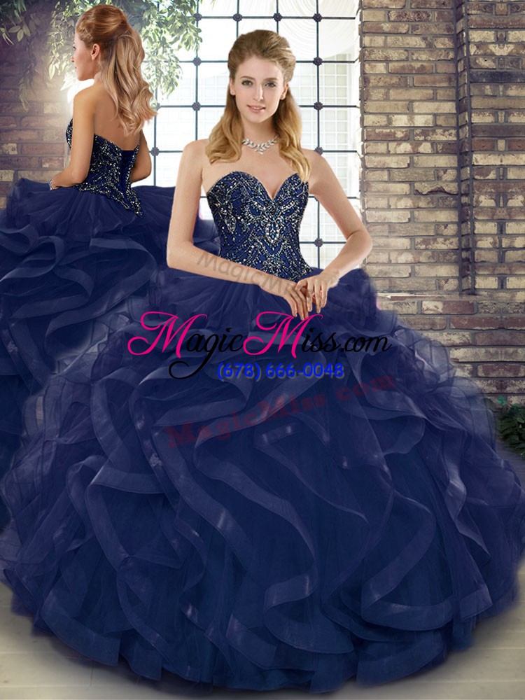 wholesale sweetheart sleeveless quince ball gowns floor length beading and ruffles navy blue tulle