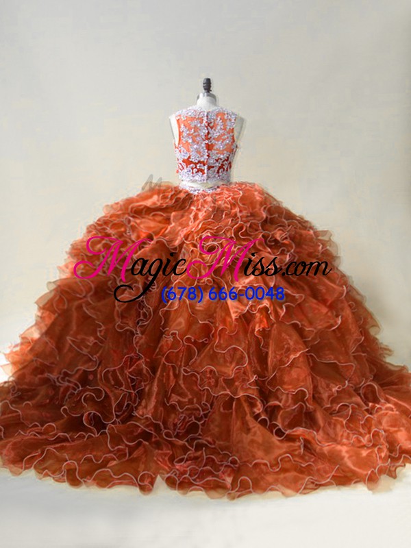 wholesale organza sleeveless quince ball gowns brush train and beading and ruffles