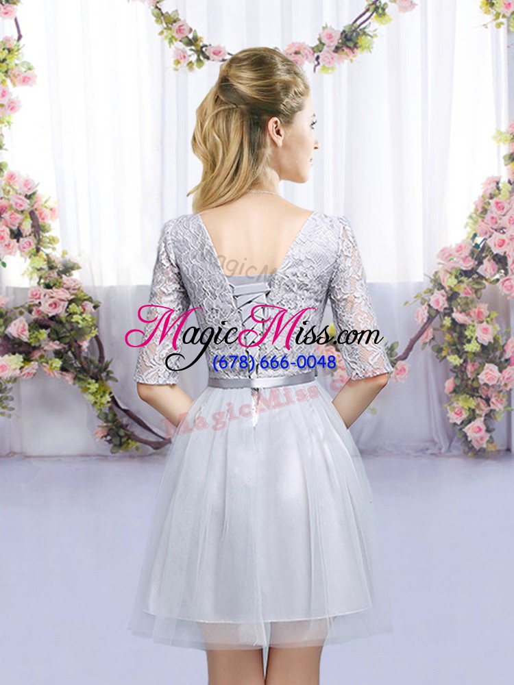 wholesale shining half sleeves tulle mini length lace up wedding guest dresses in grey with lace and belt