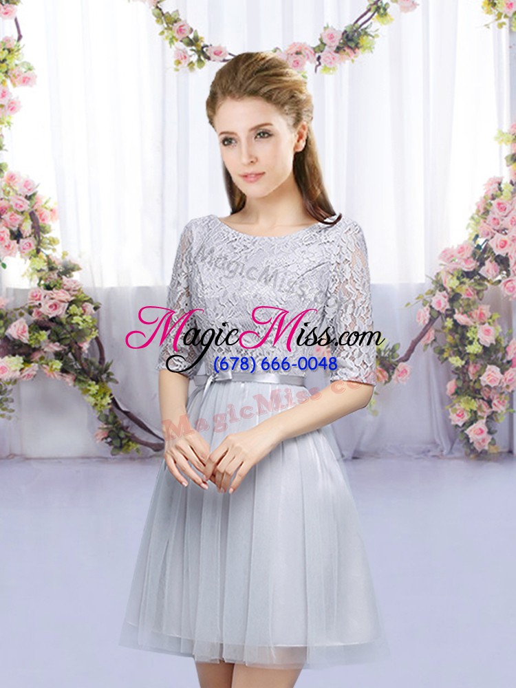 wholesale shining half sleeves tulle mini length lace up wedding guest dresses in grey with lace and belt