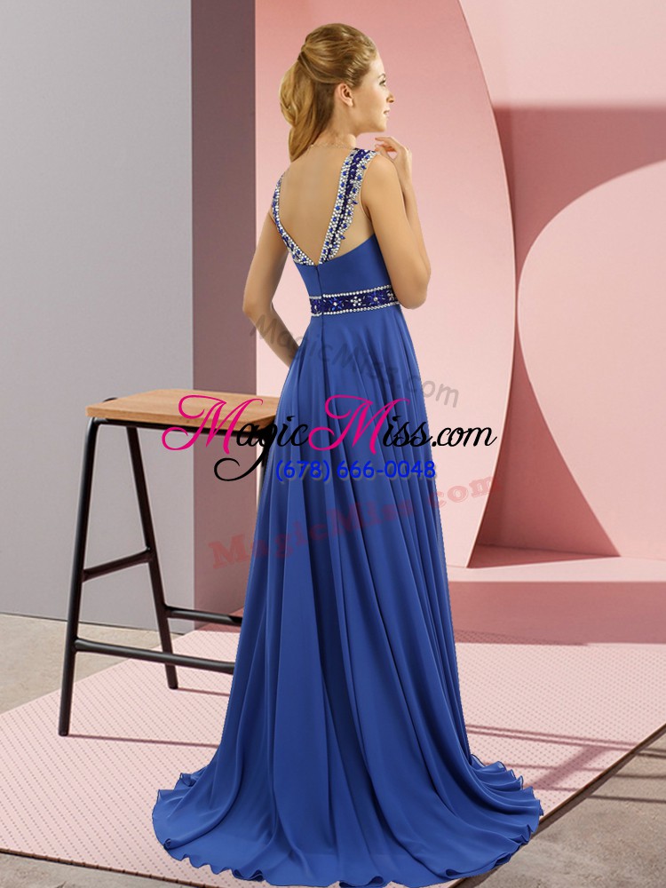 wholesale blue scoop zipper beading prom dresses brush train sleeveless