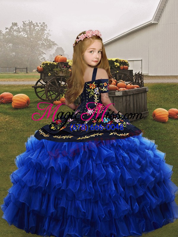 wholesale straps sleeveless little girls pageant dress floor length embroidery and ruffled layers blue organza