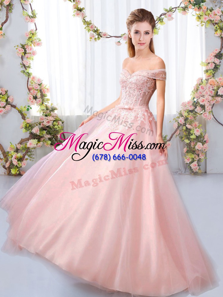 wholesale pink a-line off the shoulder sleeveless tulle floor length lace up appliques and belt bridesmaid dress