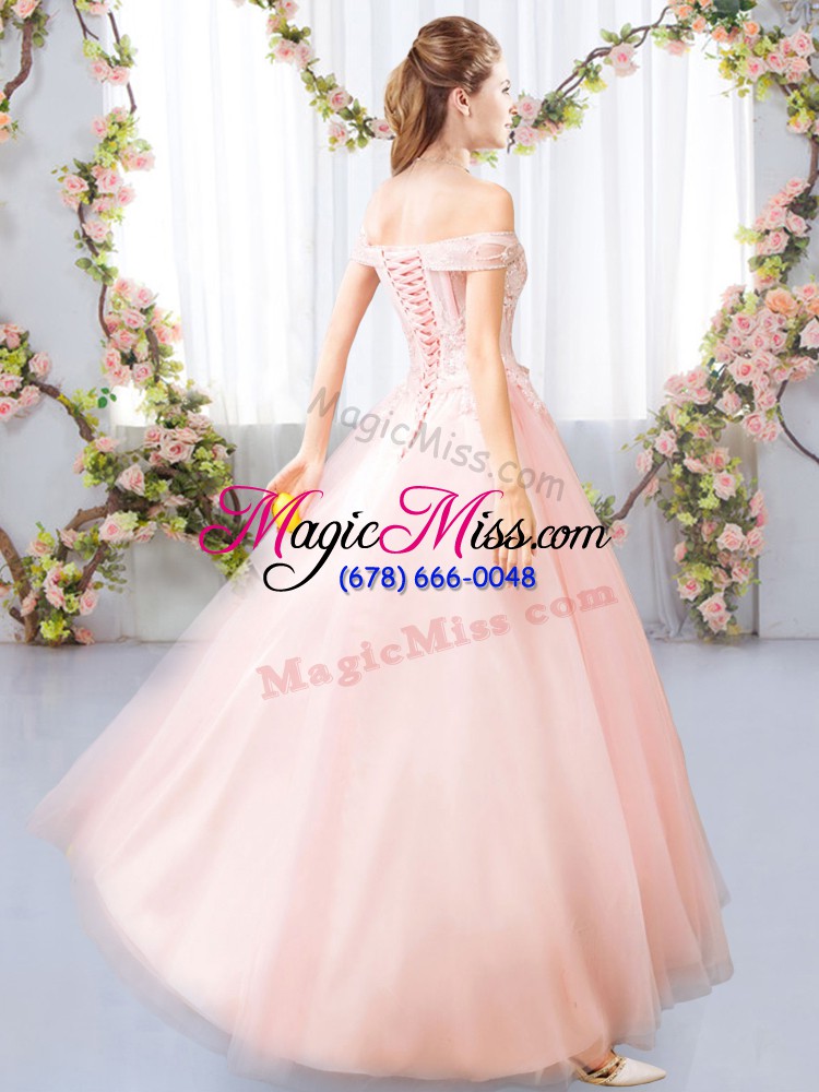wholesale pink a-line off the shoulder sleeveless tulle floor length lace up appliques and belt bridesmaid dress