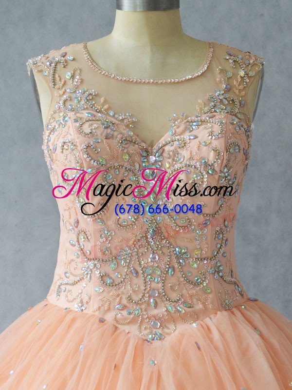 wholesale artistic peach ball gowns scoop sleeveless tulle floor length lace up beading sweet 16 quinceanera dress