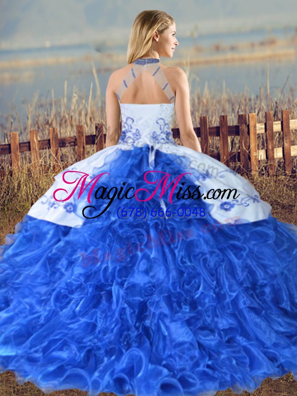 wholesale low price halter top sleeveless quinceanera gown floor length court train embroidery and ruffles organza