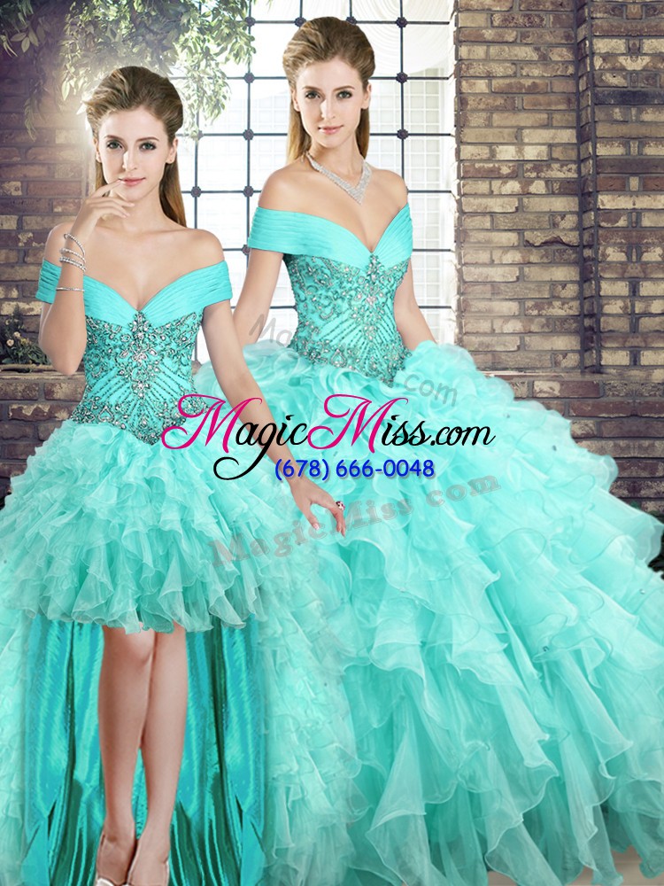 wholesale brush train ball gowns quinceanera gown aqua blue off the shoulder organza sleeveless lace up