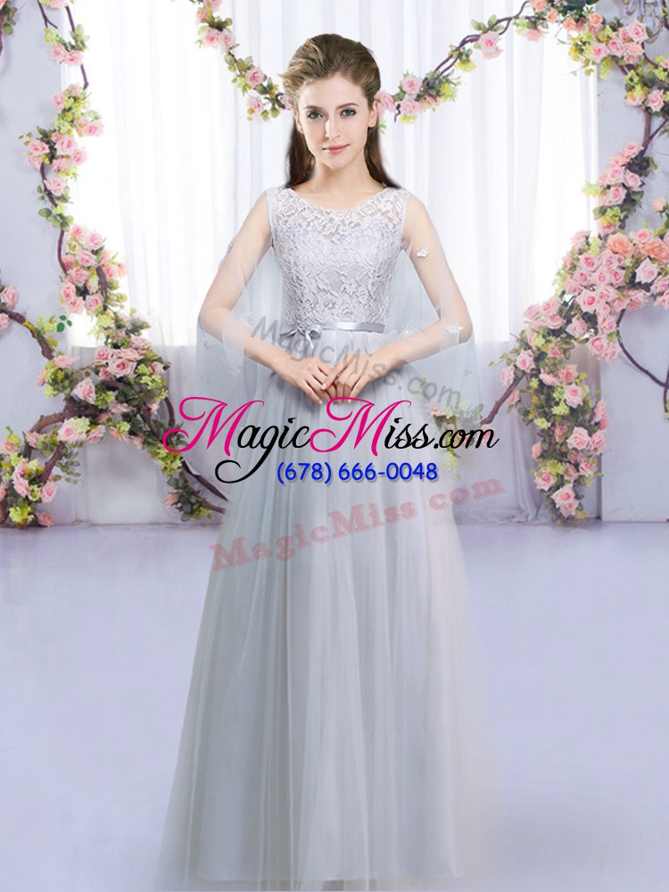 wholesale eye-catching grey empire tulle scoop sleeveless lace and belt floor length lace up quinceanera court dresses