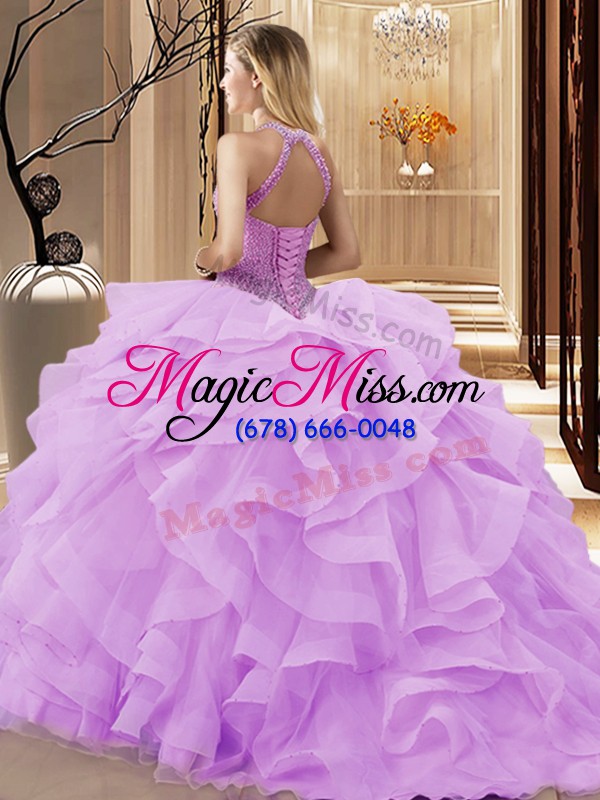 wholesale excellent sleeveless organza brush train lace up quinceanera gown in lilac with beading and ruffles