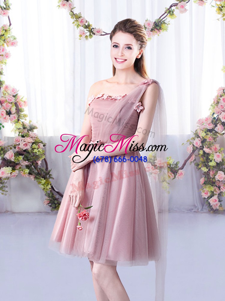 wholesale delicate tulle one shoulder sleeveless lace up appliques and belt bridesmaids dress in pink