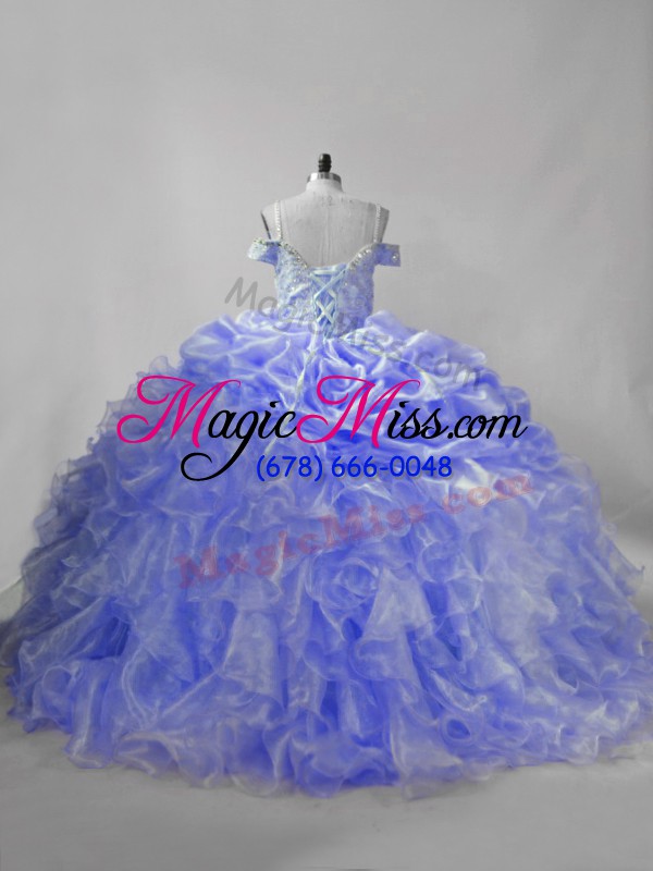 wholesale top selling lavender and purple sweet 16 dress organza brush train sleeveless beading and ruffles and pick ups