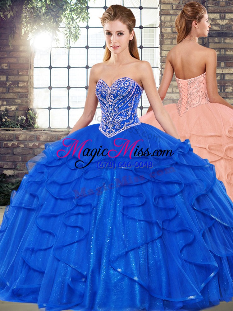 wholesale discount floor length lace up ball gown prom dress royal blue for military ball and sweet 16 and quinceanera with beading and ruffles