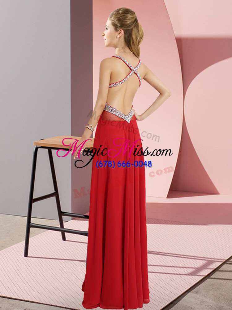wholesale chiffon straps sleeveless criss cross beading prom party dress in rust red