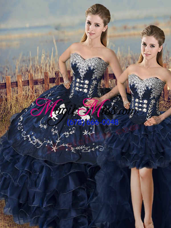 wholesale colorful navy blue ball gowns sweetheart sleeveless satin and organza lace up embroidery and ruffles 15th birthday dress