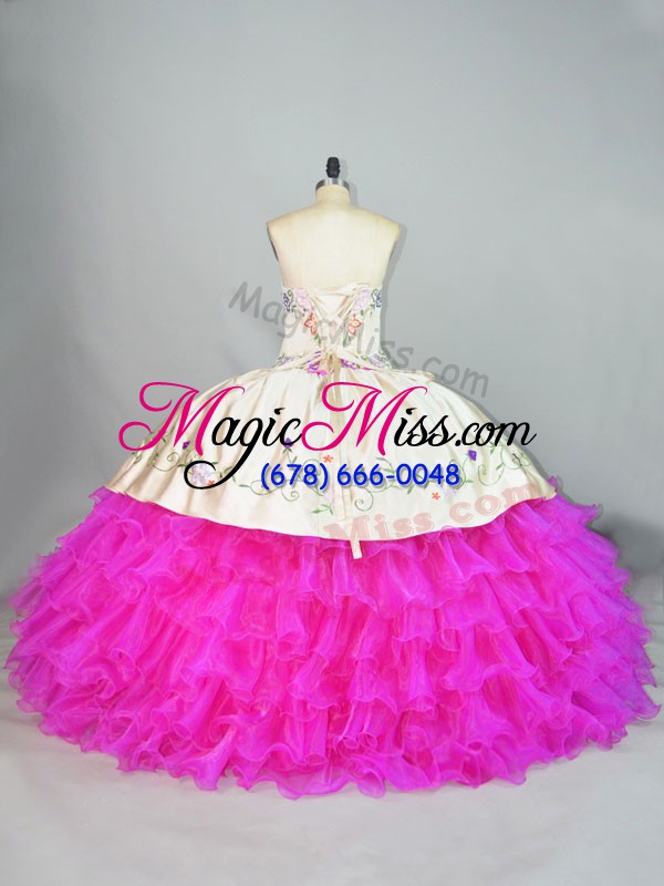 wholesale hot selling sweetheart sleeveless quinceanera dresses embroidery and ruffled layers fuchsia organza