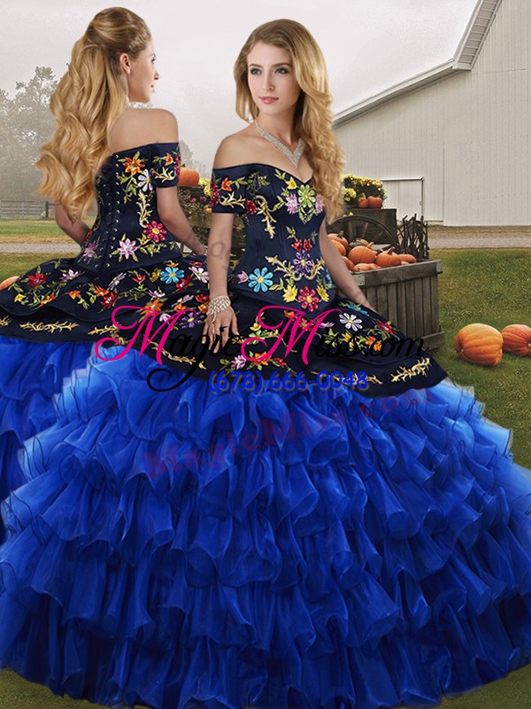 wholesale blue and black quince ball gowns military ball and sweet 16 and quinceanera with embroidery and ruffled layers off the shoulder sleeveless lace up