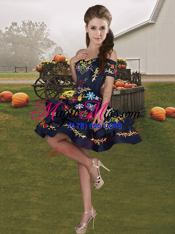 wholesale blue and black quince ball gowns military ball and sweet 16 and quinceanera with embroidery and ruffled layers off the shoulder sleeveless lace up
