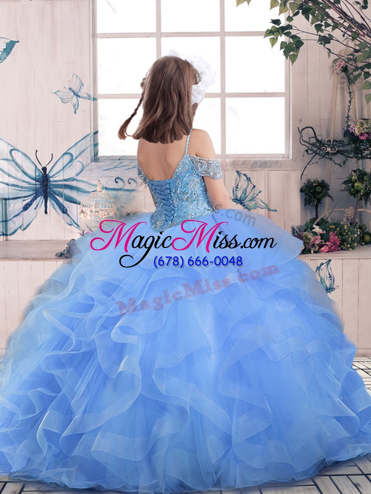 wholesale modern ball gowns little girl pageant dress lilac straps tulle sleeveless floor length lace up