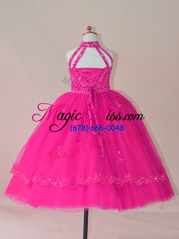 wholesale ball gowns little girls pageant dress wholesale fuchsia high-neck tulle sleeveless floor length lace up