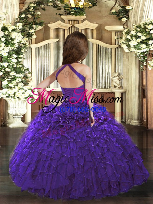 wholesale high end sleeveless organza floor length lace up little girls pageant gowns in purple with ruffles