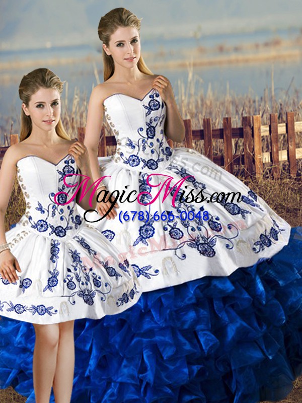wholesale pretty blue and white sweetheart neckline embroidery and ruffles 15th birthday dress sleeveless lace up