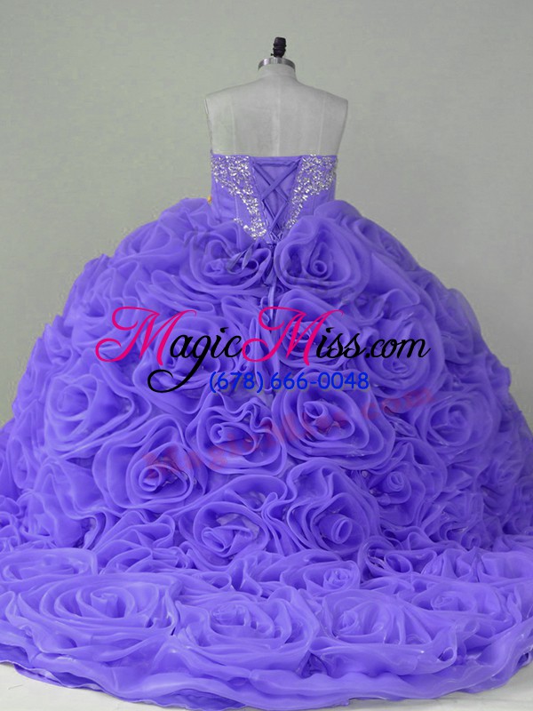 wholesale fabric with rolling flowers sweetheart sleeveless brush train lace up beading quince ball gowns in lavender