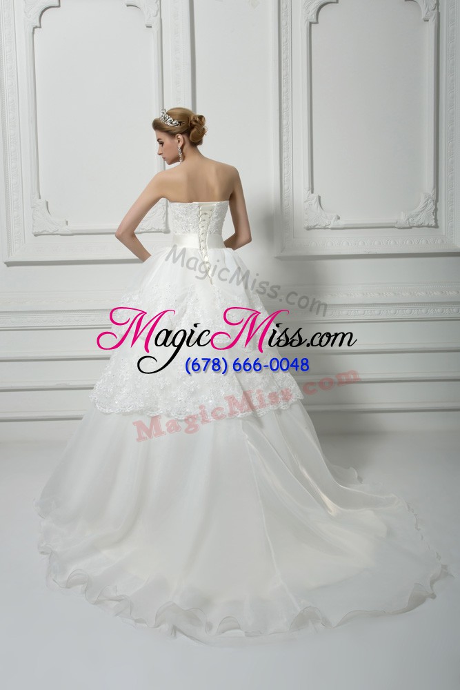 wholesale sleeveless organza brush train lace up bridal gown in white with beading and lace and bowknot