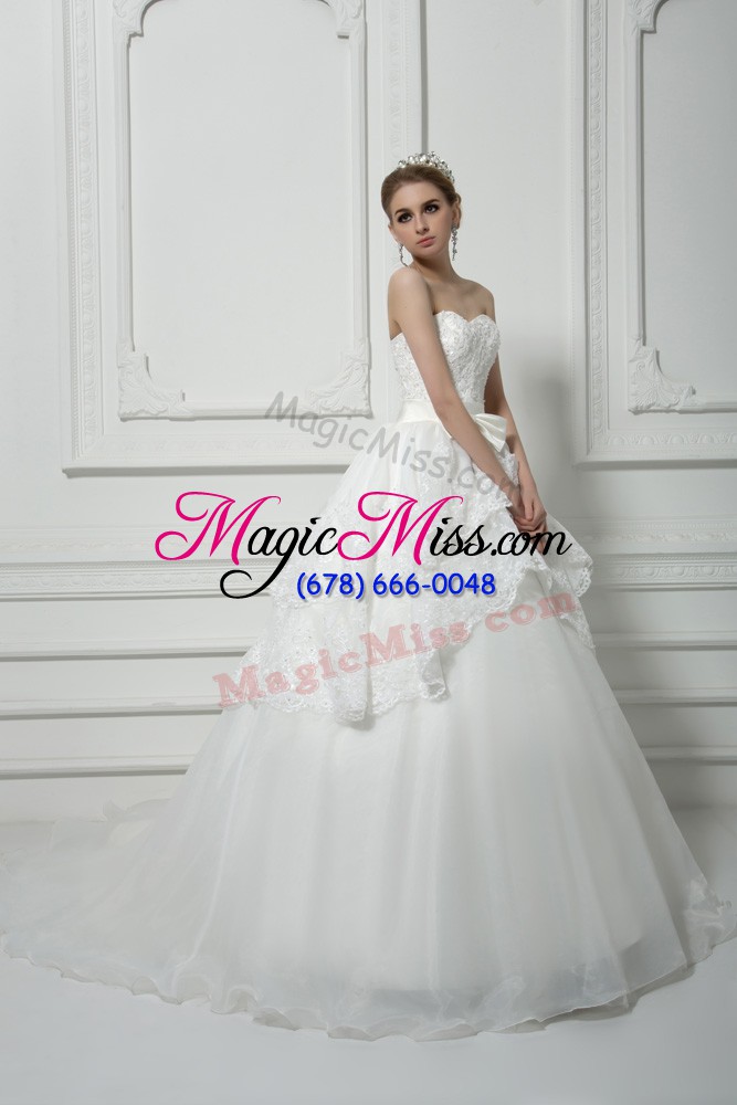wholesale sleeveless organza brush train lace up bridal gown in white with beading and lace and bowknot