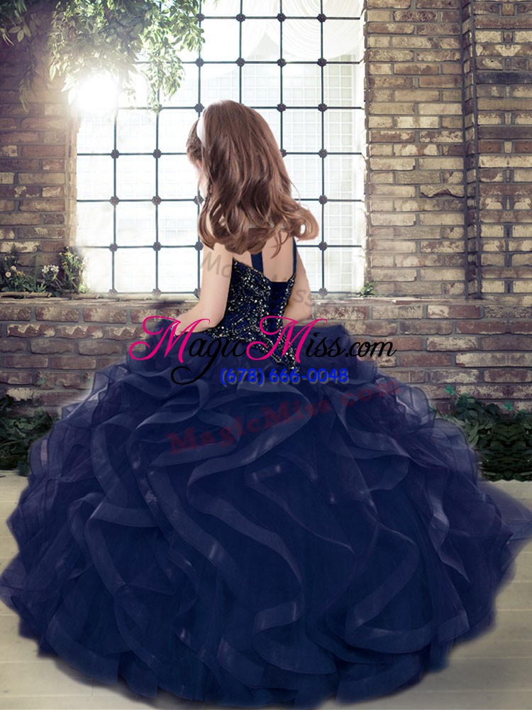 wholesale inexpensive navy blue ball gowns straps sleeveless tulle floor length lace up beading and ruffles child pageant dress