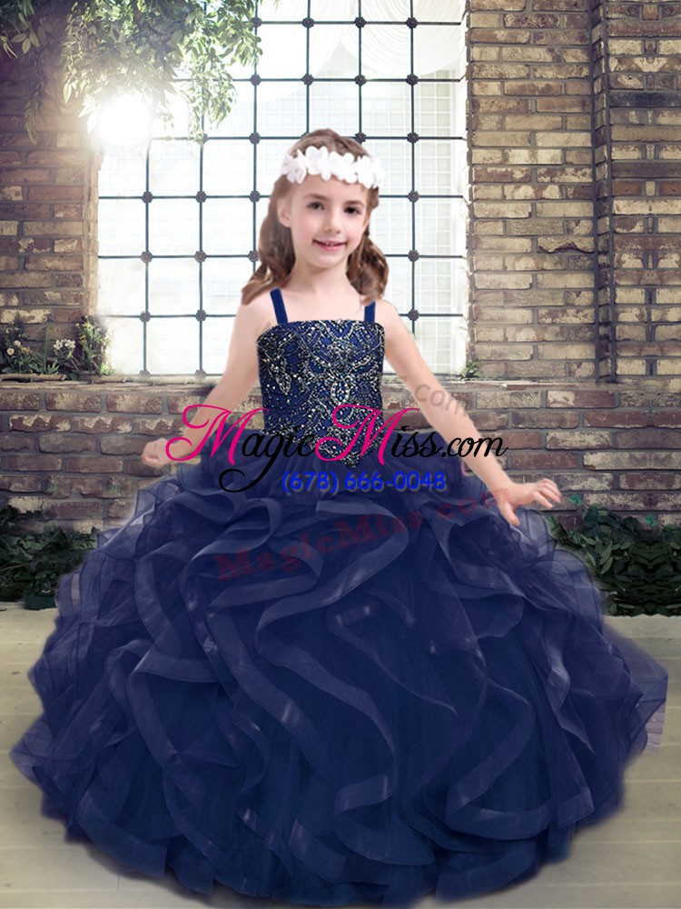 wholesale inexpensive navy blue ball gowns straps sleeveless tulle floor length lace up beading and ruffles child pageant dress