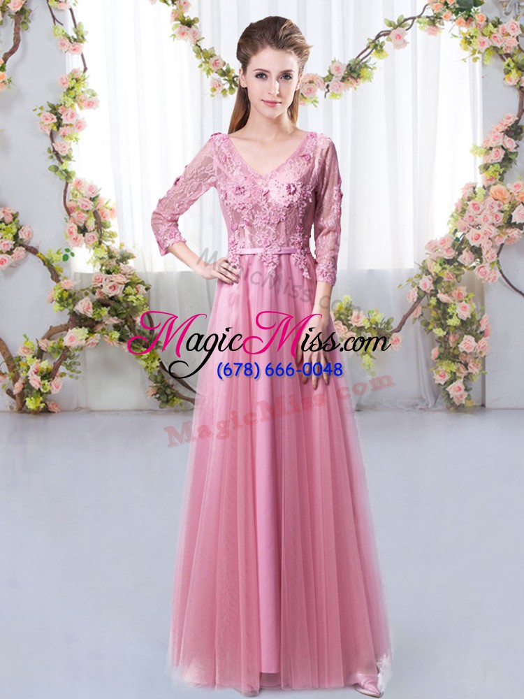wholesale exquisite 3 4 length sleeve tulle floor length lace up wedding party dress in pink with lace and appliques
