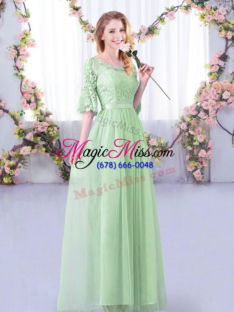 wholesale half sleeves side zipper floor length lace and belt wedding guest dresses