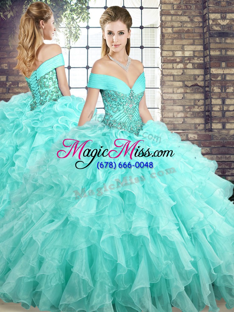 wholesale aqua blue sleeveless brush train beading and ruffles ball gown prom dress
