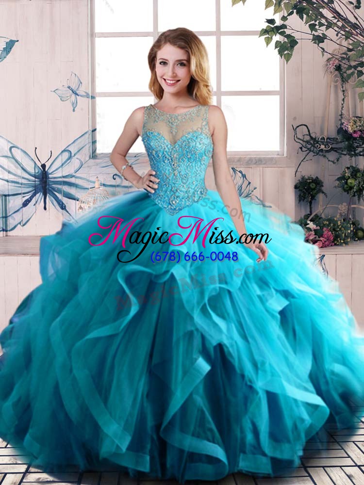 wholesale admirable scoop sleeveless quinceanera gowns floor length beading and ruffles aqua blue tulle