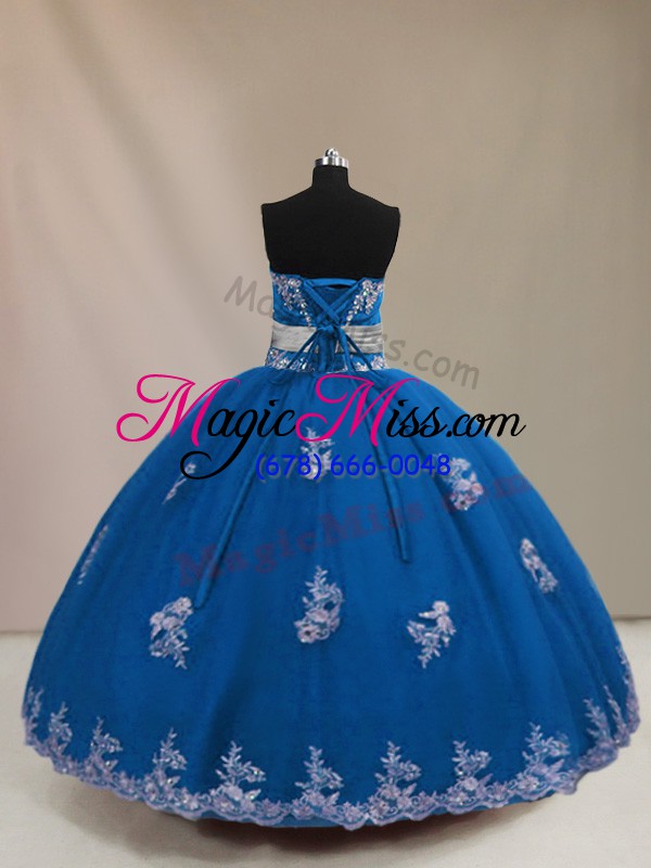 wholesale admirable sleeveless tulle floor length lace up quinceanera gown in blue with appliques
