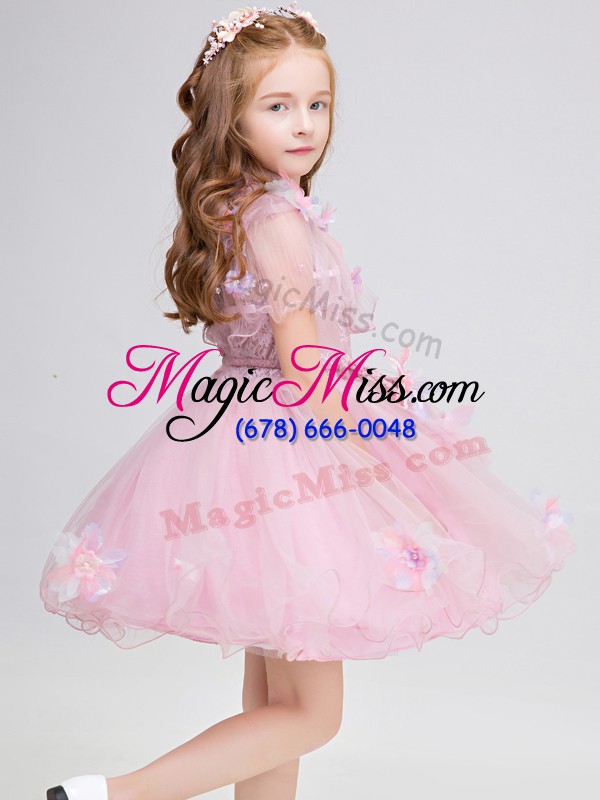 wholesale latest mini length baby pink toddler flower girl dress high-neck short sleeves zipper