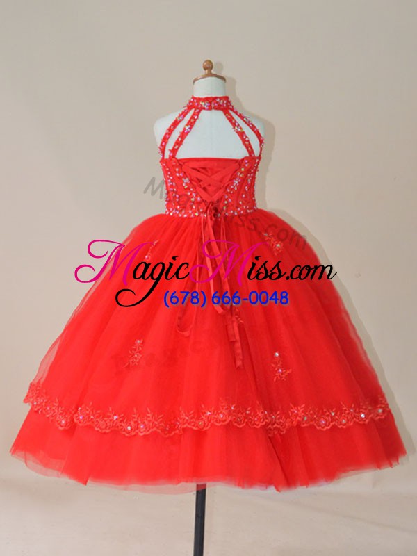 wholesale red tulle lace up little girls pageant dress wholesale sleeveless floor length beading and appliques