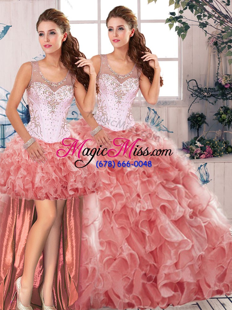 wholesale on sale watermelon red organza clasp handle sweet 16 dress sleeveless floor length beading and ruffles