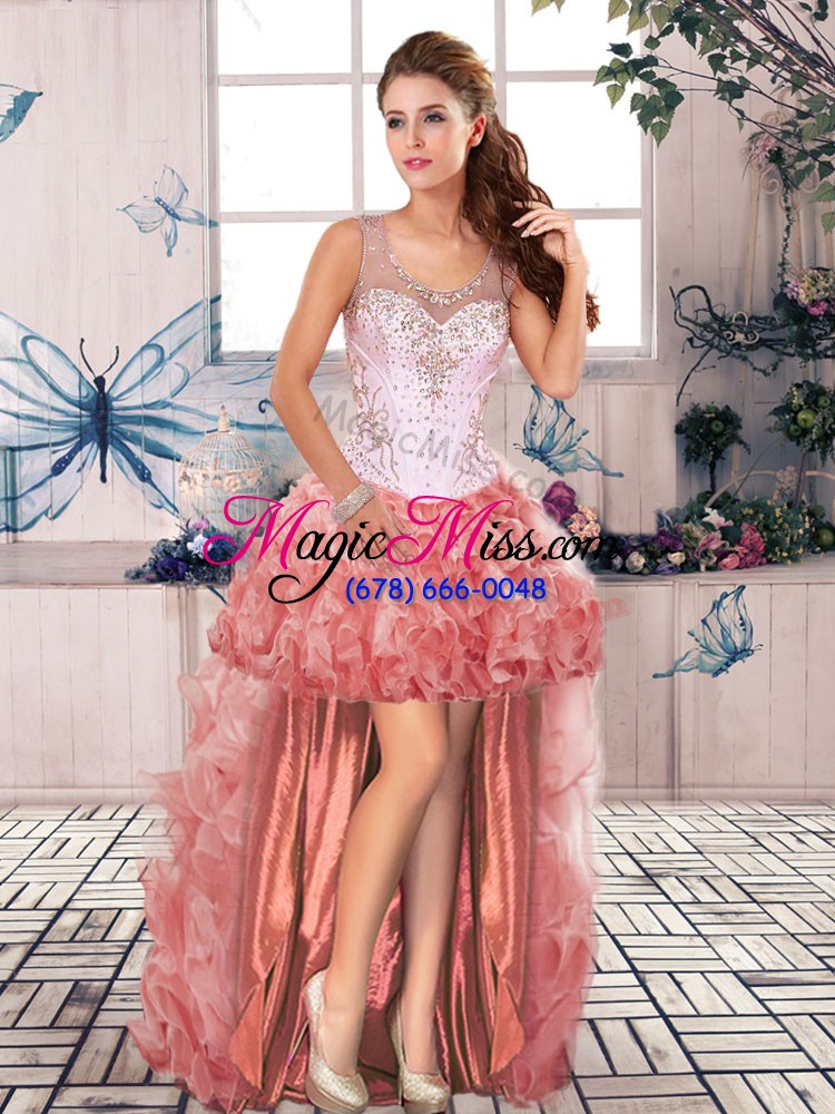 wholesale on sale watermelon red organza clasp handle sweet 16 dress sleeveless floor length beading and ruffles