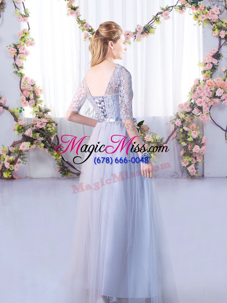 wholesale low price grey empire v-neck half sleeves tulle floor length lace up lace quinceanera court dresses