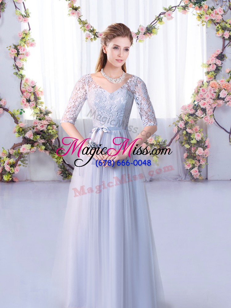 wholesale low price grey empire v-neck half sleeves tulle floor length lace up lace quinceanera court dresses