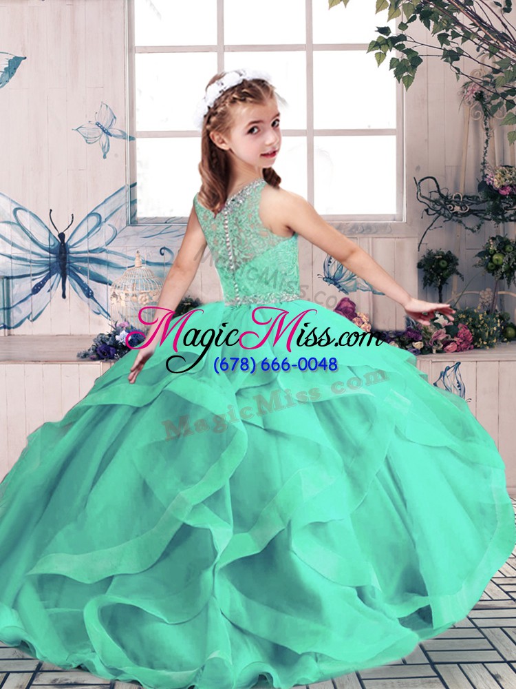 wholesale sleeveless tulle floor length lace up pageant dress wholesale in olive green with beading and ruffles
