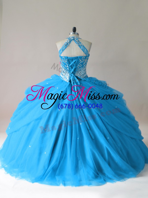 wholesale luxurious tulle halter top sleeveless lace up beading quince ball gowns in baby blue
