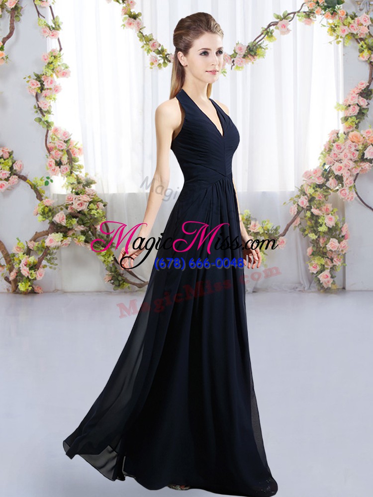 wholesale sleeveless floor length ruching lace up bridesmaids dress with navy blue