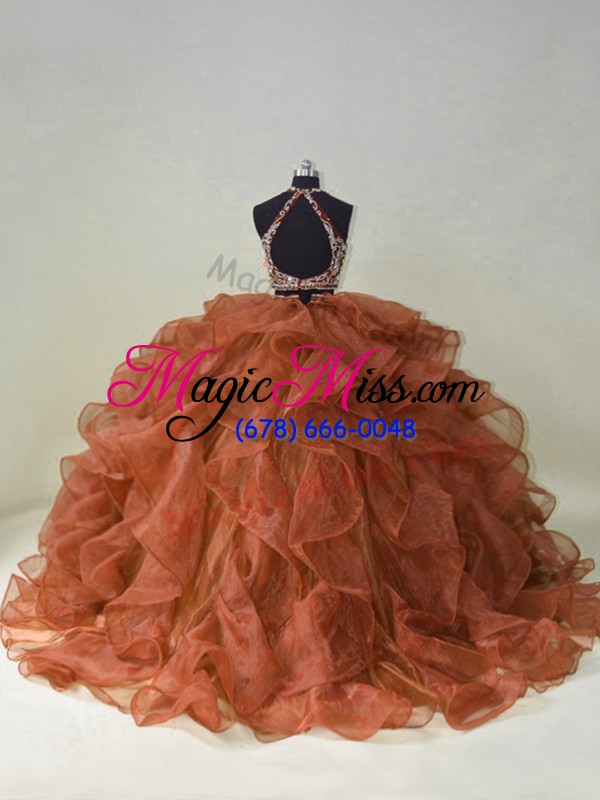 wholesale artistic halter top sleeveless brush train backless quince ball gowns brown organza
