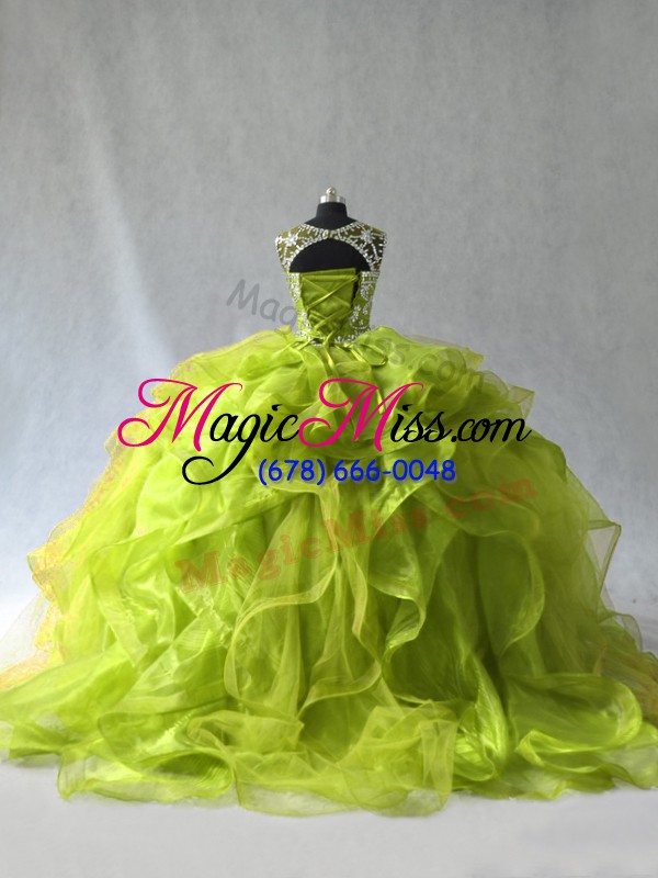 wholesale trendy yellow green ball gowns organza scoop sleeveless beading and ruffles floor length lace up vestidos de quinceanera