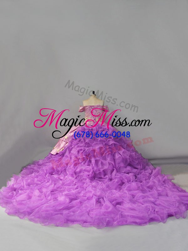 wholesale lavender ball gown prom dress off the shoulder sleeveless chapel train lace up