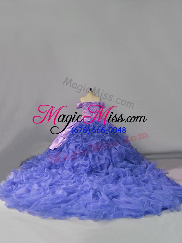 wholesale captivating off the shoulder sleeveless sweet 16 dresses chapel train embroidery and ruffles lavender organza