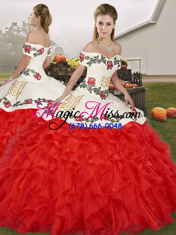wholesale exceptional sleeveless organza floor length lace up quince ball gowns in white and red with embroidery and ruffles